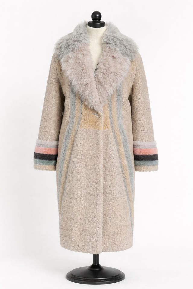 Archive & Vintage  41" Shearling Lamb Rap Coat with Mink Inserts & Culy Lamb Collar