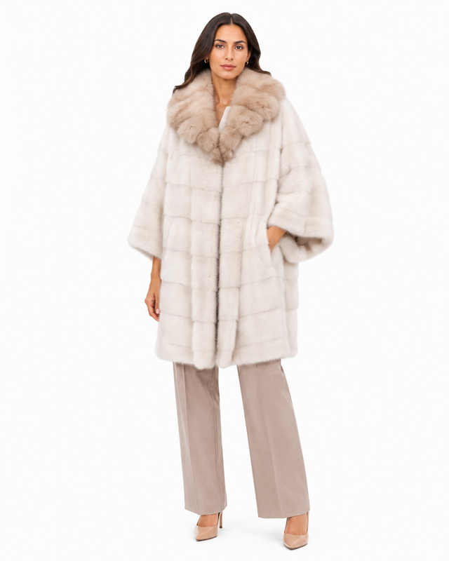 One-of-a-Kind 36" Natural Pearl Mink Cape Coat with Bleached Russian Sable Notch Collar