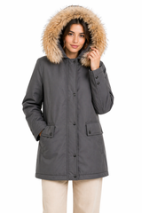 Grey Fur-Trim Parka with Rabbit Lining