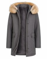 Grey Fur-Trim Parka with Rabbit Lining