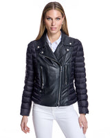 Black Leather & Down Filled Moto Jacket - Maqximilian