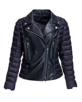 Black Leather & Down Filled Moto Jacket - Maqximilian