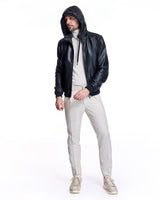 Men's Slim Fit Leather Hooded Jacket