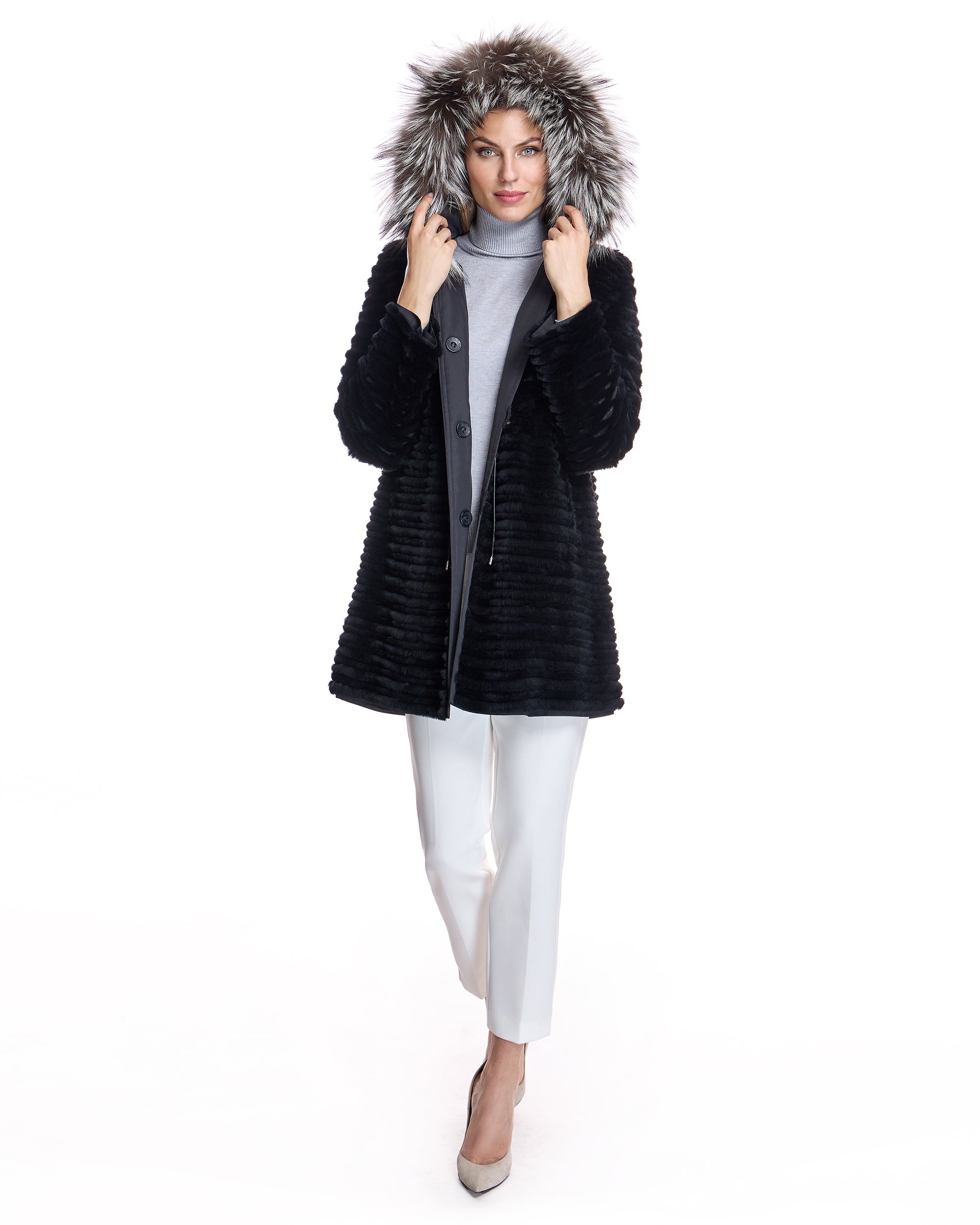 RABBIT REVERSIBLE COAT WITH FOX TRIMMED HOOD