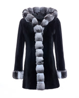 Sheared Mink Reversible Hooded Coat with Chinchilla Trim