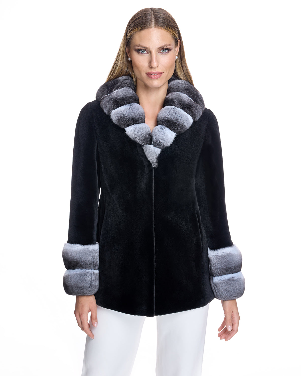SHEARED MINK COAT WITH CHINCHILLA TRIM