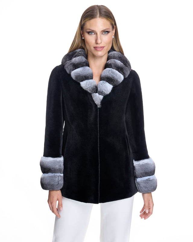 SHEARED MINK COAT WITH CHINCHILLA TRIM