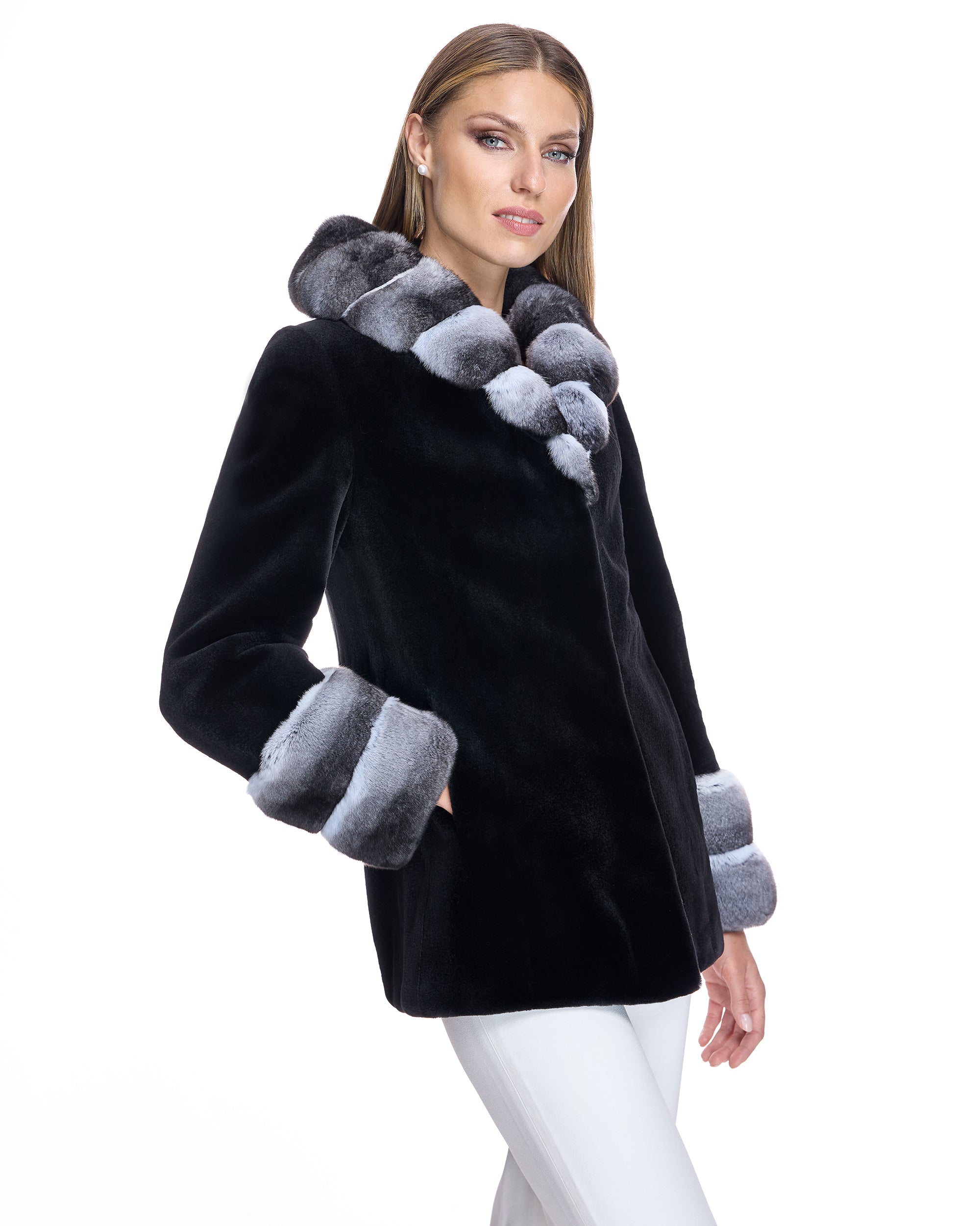 SHEARED MINK COAT WITH CHINCHILLA TRIM