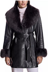Julia & Stella by Maximilian Belted Leather Short Coat with Shearling Trim