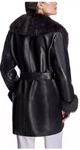 Julia & Stella by Maximilian Belted Leather Short Coat with Shearling Trim-Maximilian