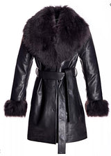 Julia & Stella by Maximilian Belted Leather Short Coat with Shearling Trim