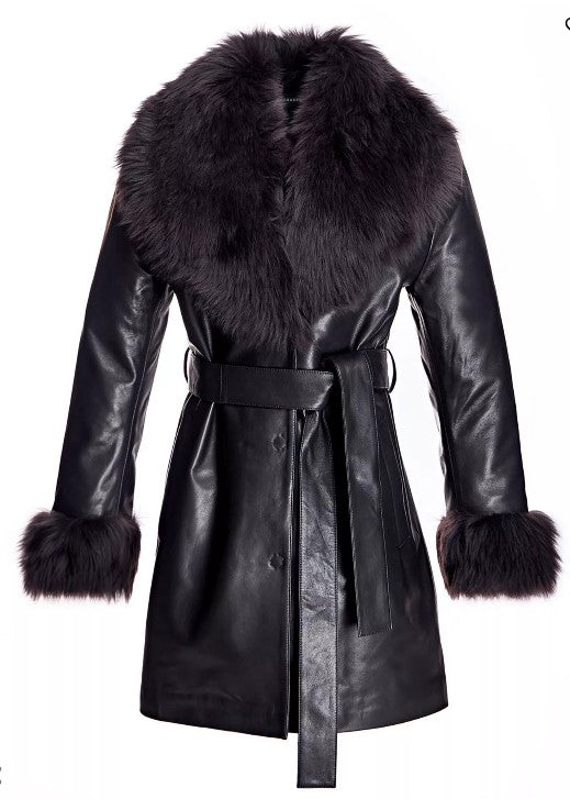 Julia & Stella by Maximilian Belted Leather Short Coat with Shearling Trim
