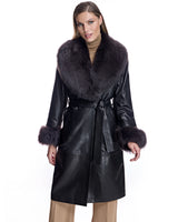 Belted Leather Coat with Shearling Collar