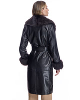 Belted Leather Coat with Shearling Collar