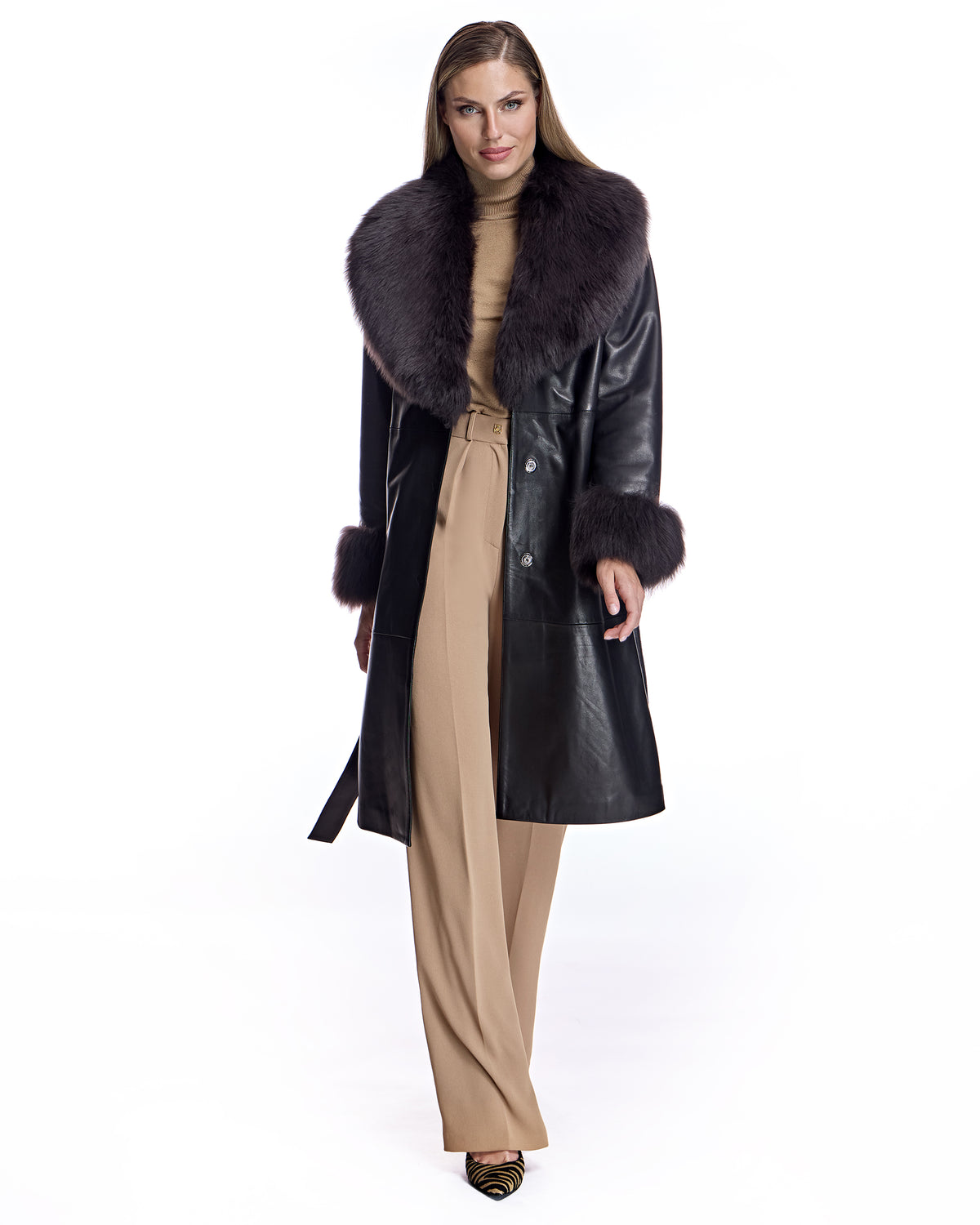 Belted Leather Coat with Shearling Collar-Maximilian