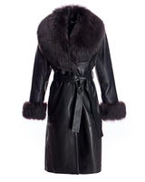 Belted Leather Coat with Shearling Collar