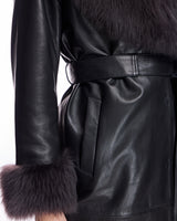 Belted Leather Coat with Shearling Collar