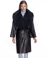 Julia & Stella by Maximilian Leather Wrap Coat with Dyed Mongolian Lamb Collar-Maximilian