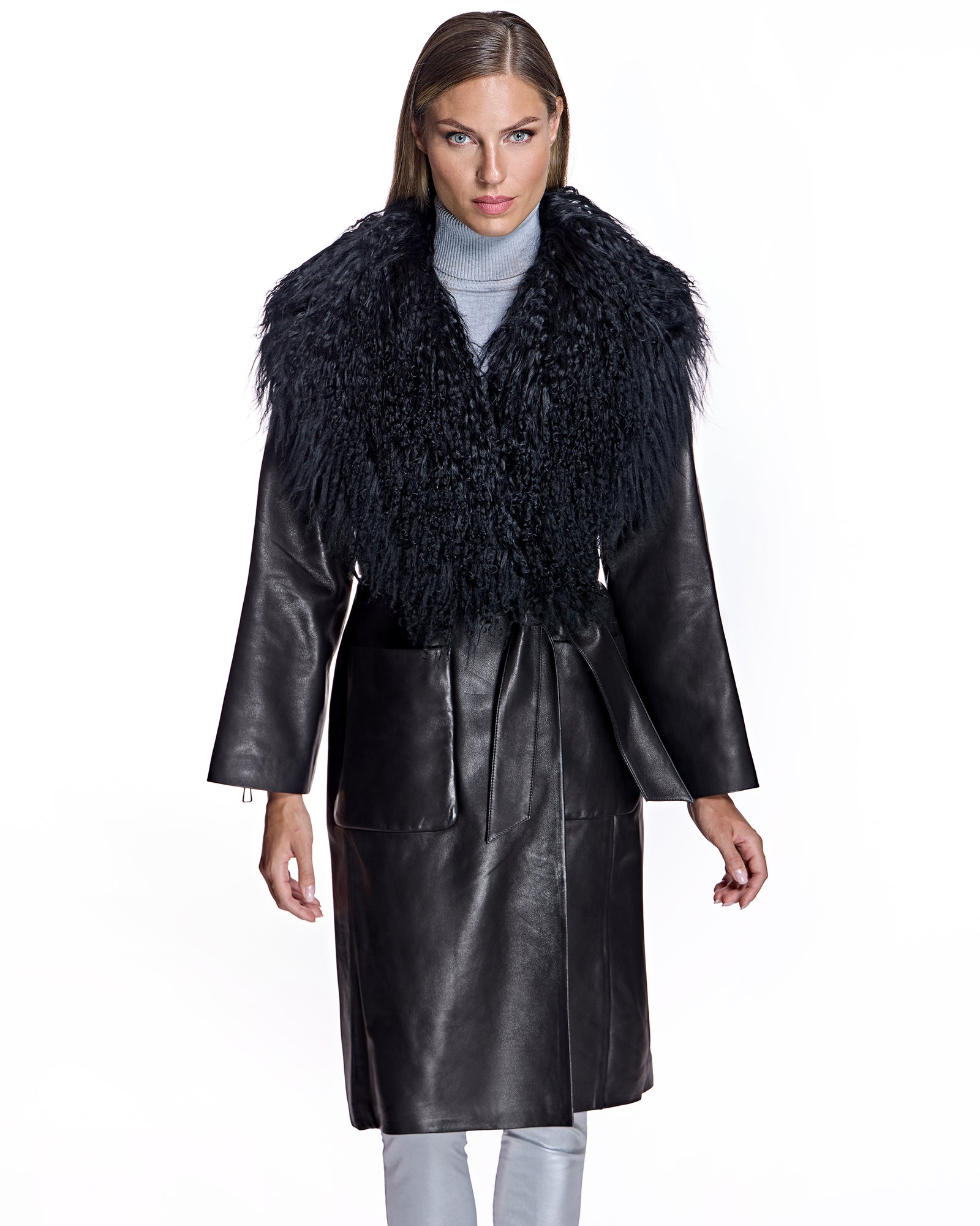 Julia & Stella by Maximilian Leather Wrap Coat with Dyed Mongolian Lamb Collar-Maximilian