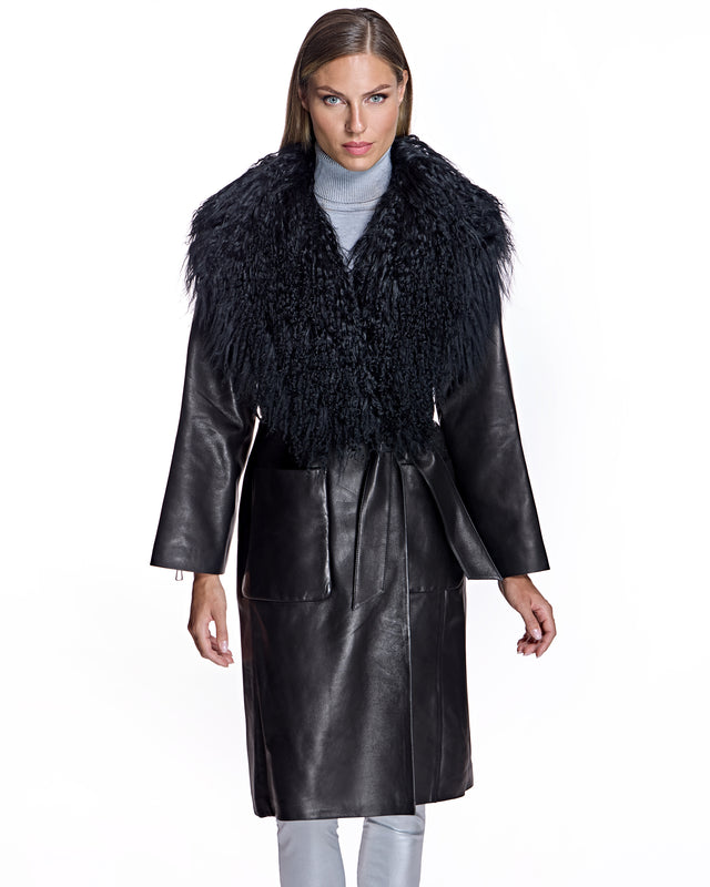 Julia & Stella by Maximilian Leather Wrap Coat with Dyed Mongolian Lamb Collar-Maximilian