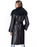 Julia & Stella by Maximilian Leather Wrap Coat with Dyed Mongolian Lamb Collar-Maximilian
