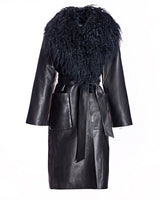 Julia & Stella by Maximilian Leather Wrap Coat with Dyed Mongolian Lamb Collar-Maximilian