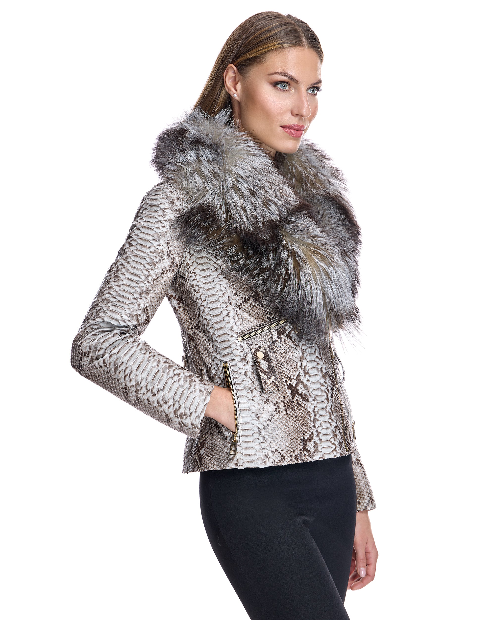 Python Belted Jacket with Removable Fox Collar