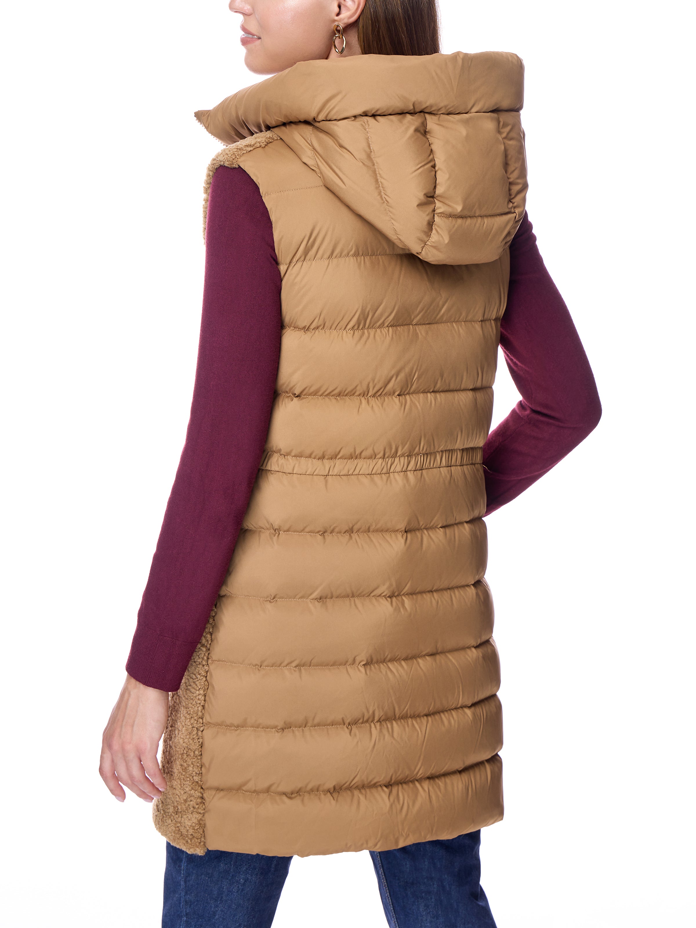SHEARLING LAMB  VEST WITH QUILTED BACK AND HOOD
