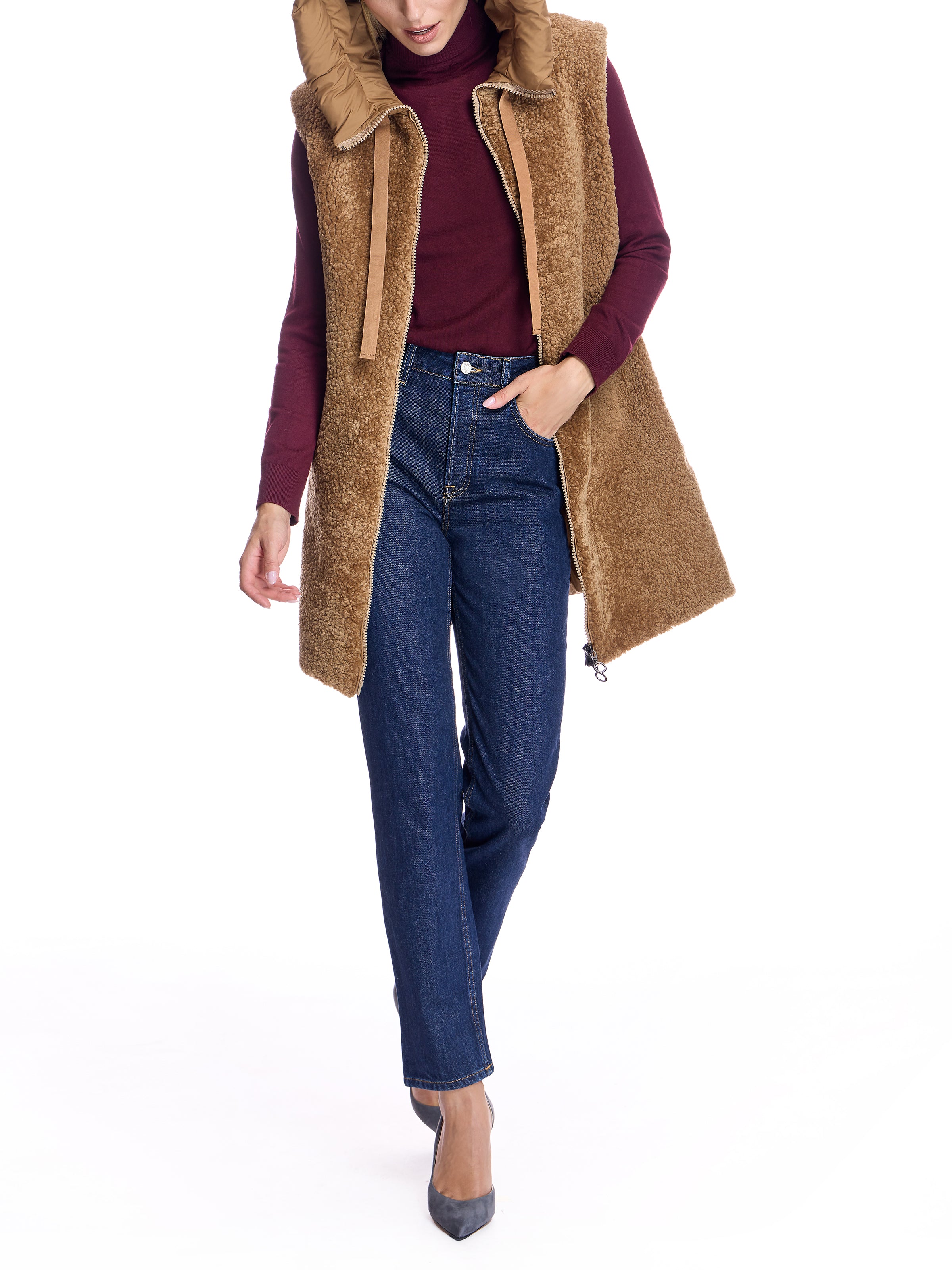 SHEARLING LAMB  VEST with POLY BACK and HOOD