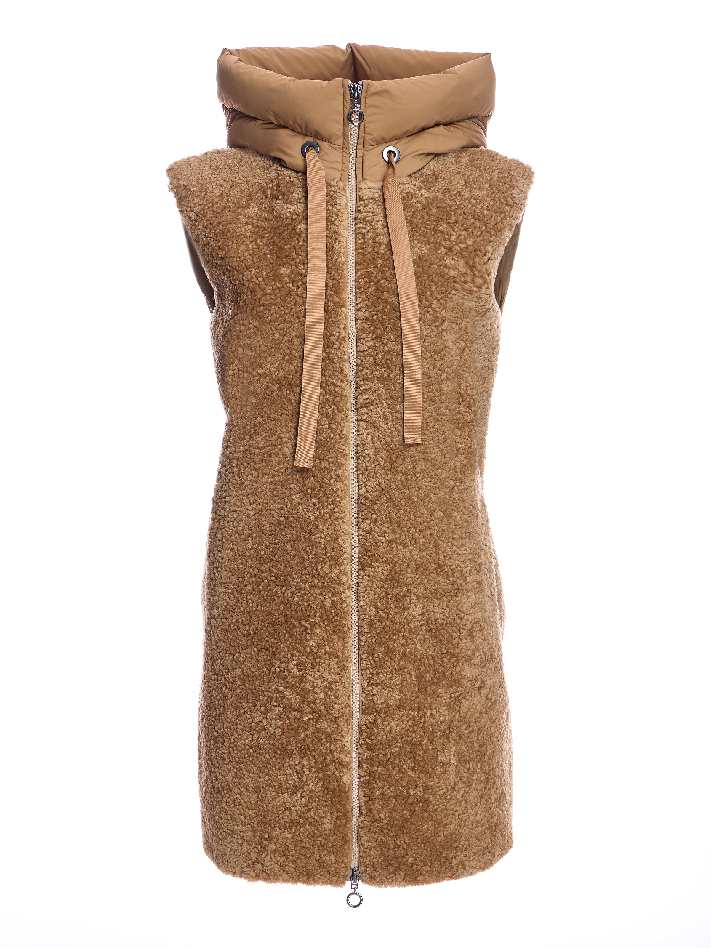 SHEARLING LAMB  VEST WITH QUILTED BACK AND HOOD