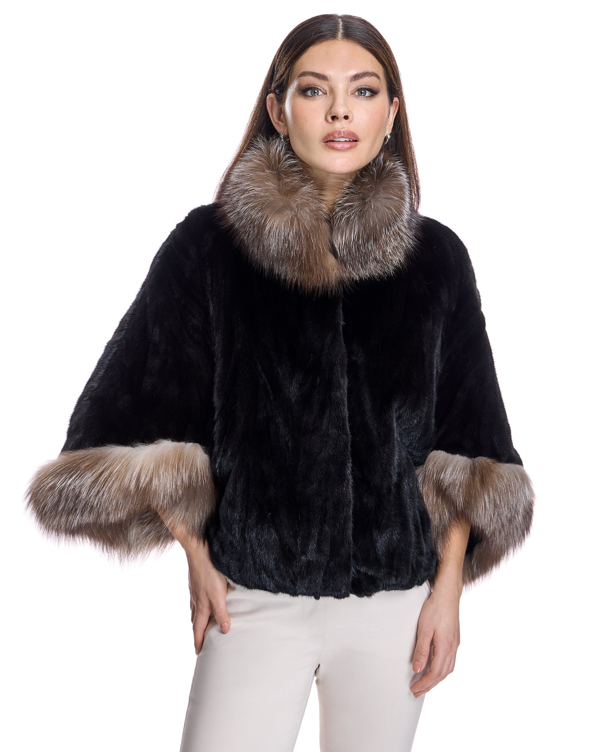 Semi Sheared Mink Sections Cape with Dyed Fox Trim