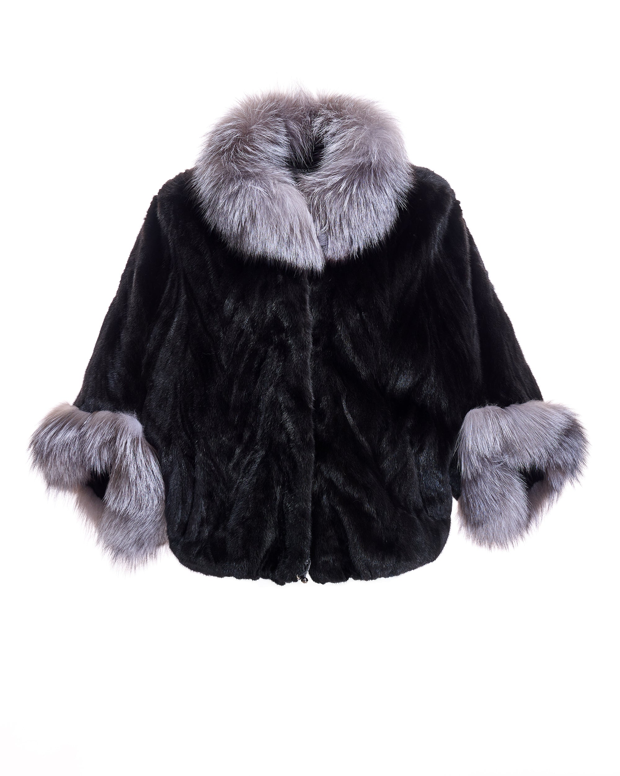 Semi Sheared Mink Sections Cape with Dyed Fox Trim