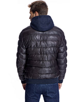 Men's Leather Puffer Jacket with Hood