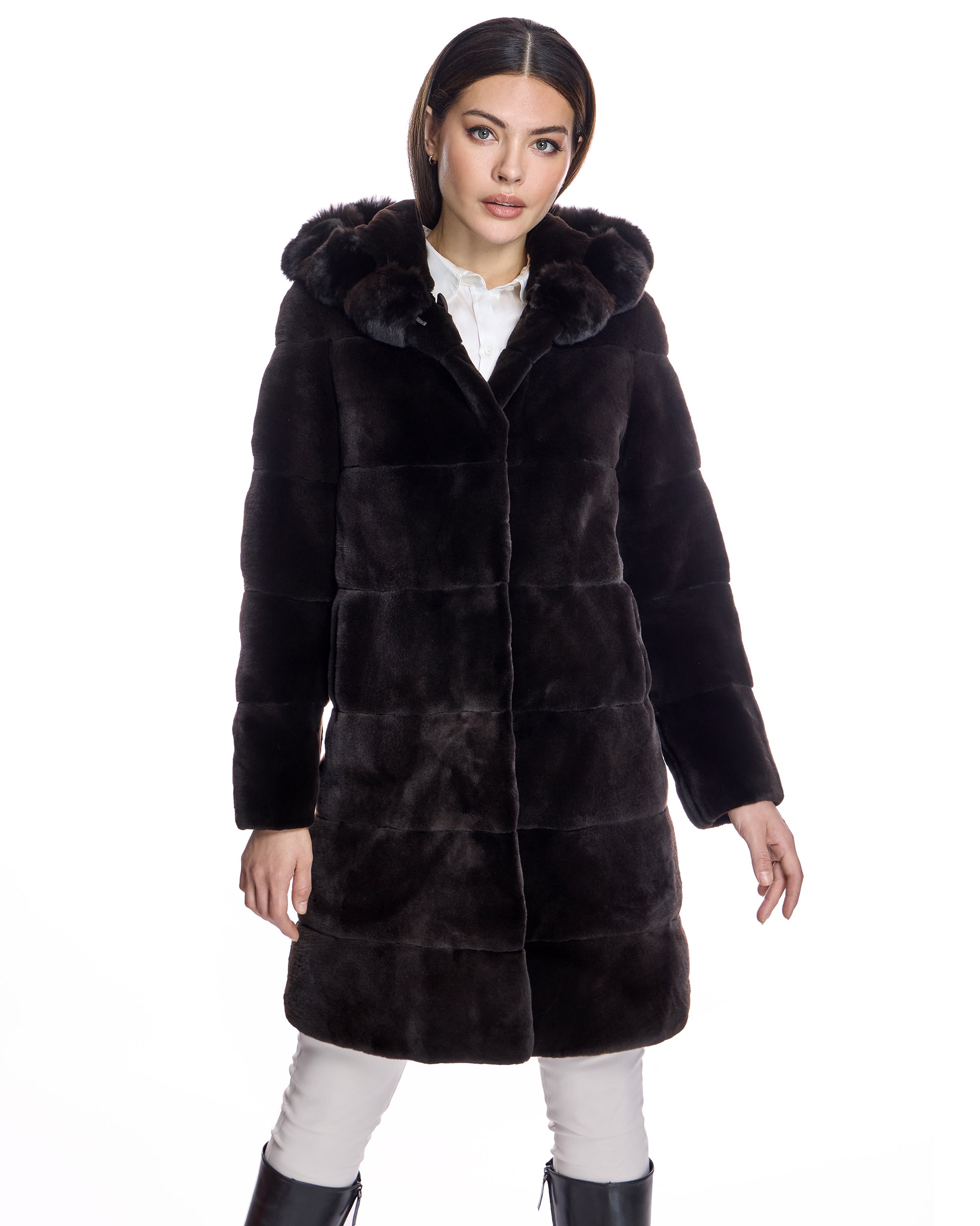 Reversible Plucked Mink Hooded Coat with Chinchilla Trim