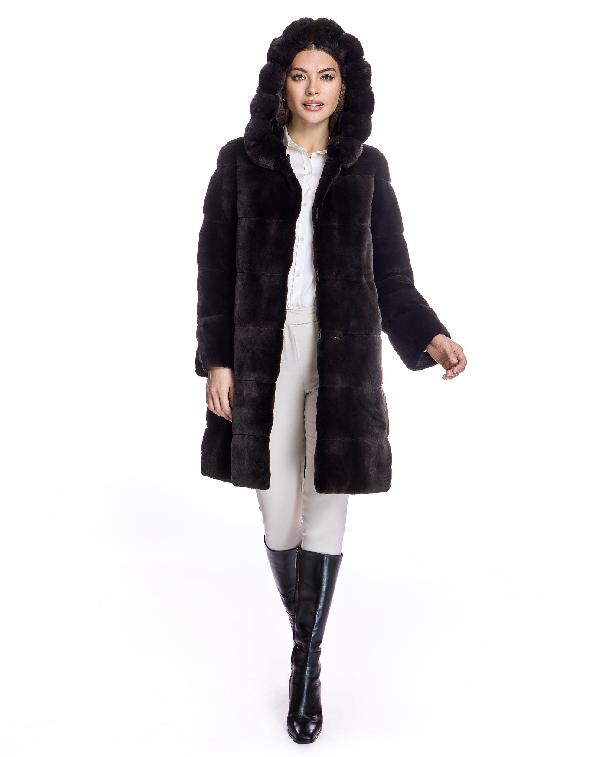 Reversible Plucked Mink Hooded Coat with Chinchilla Trim