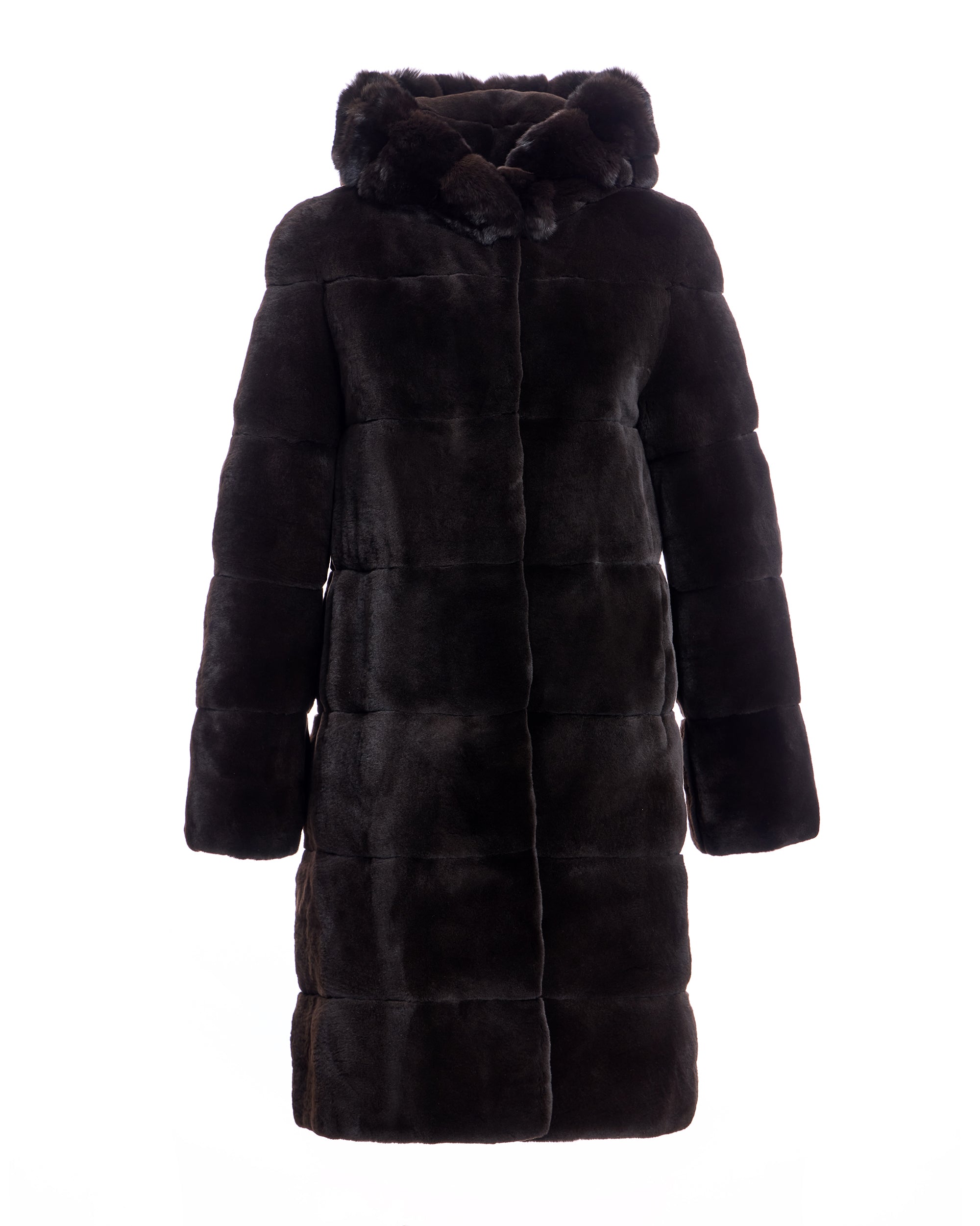 Reversible Plucked Mink Hooded Coat with Chinchilla Trim