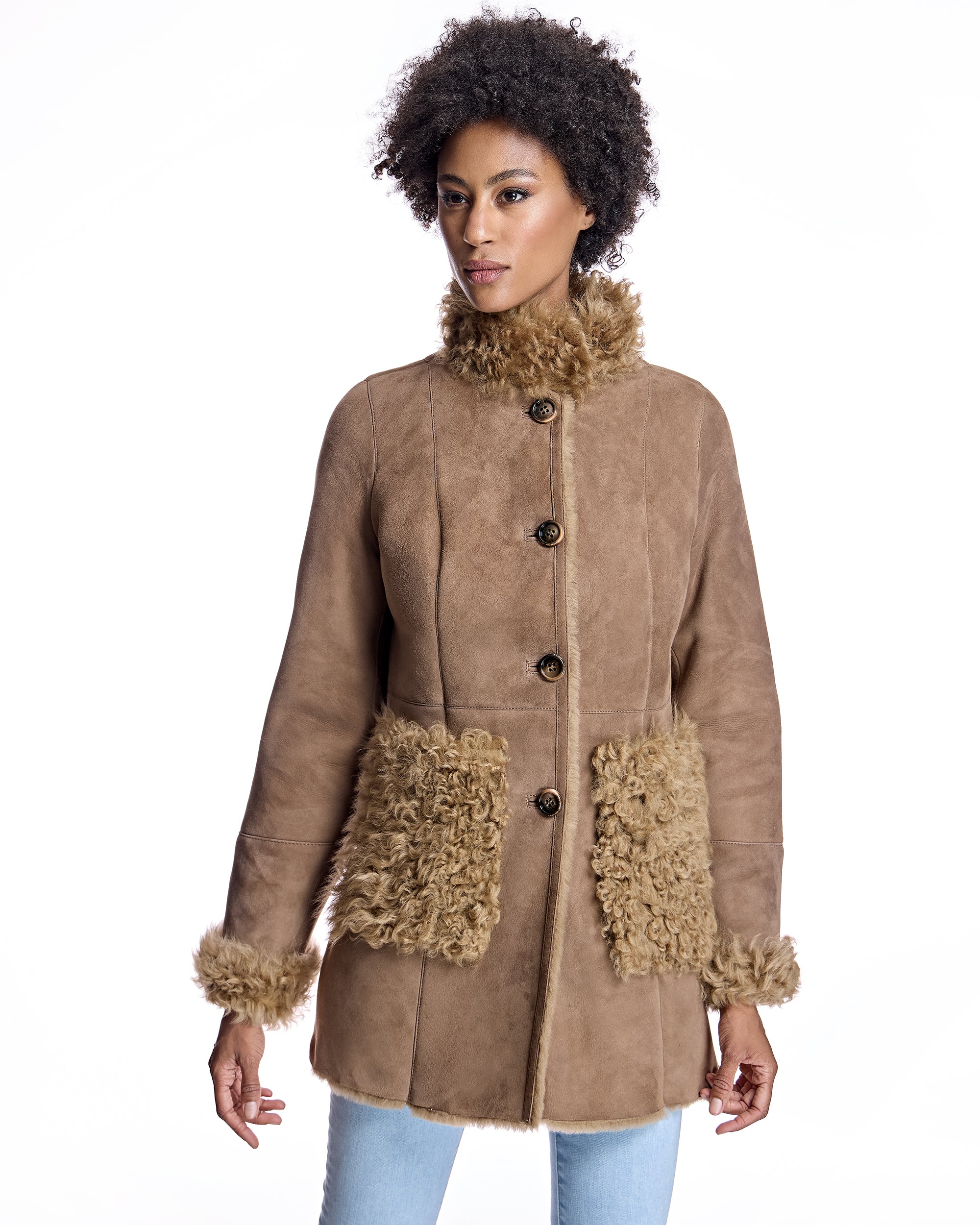 Julia & Stella by Maximilian Shearling Jacket with Curly Lamb Trim-Maximilian