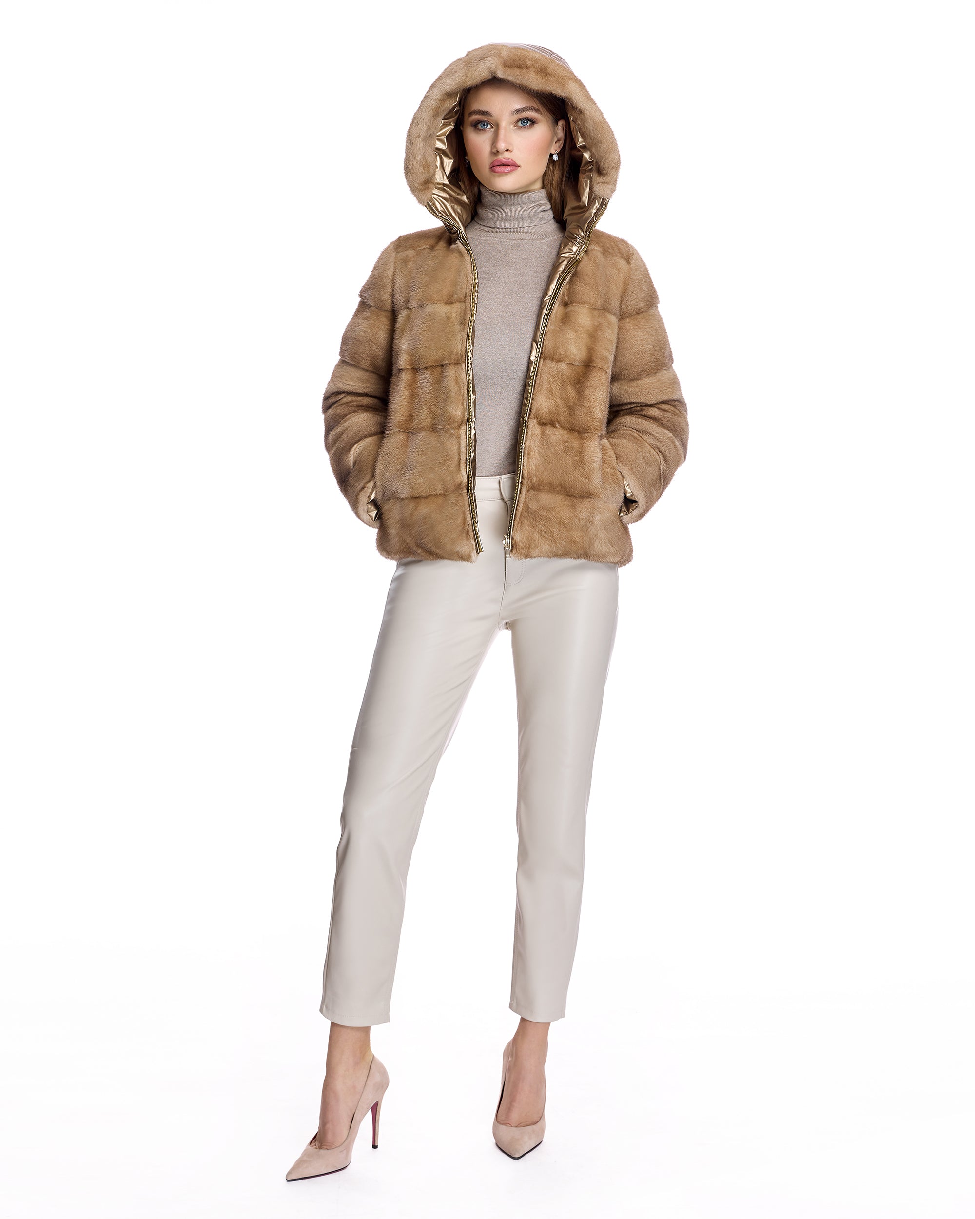 Horizontal Reversible mink jacket with Hood