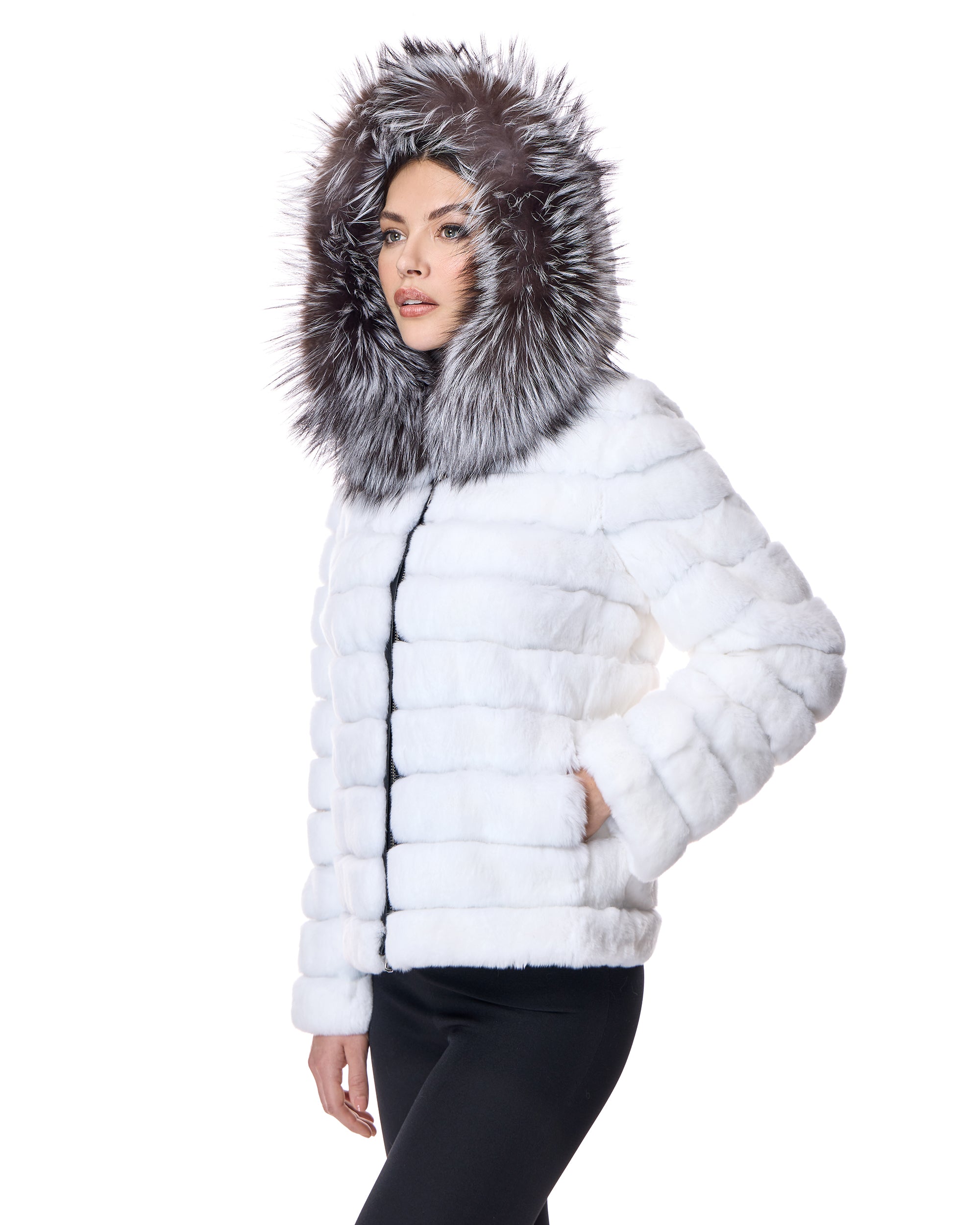 Horizontal Rabbit Jacket with Fox Trimmed Hood