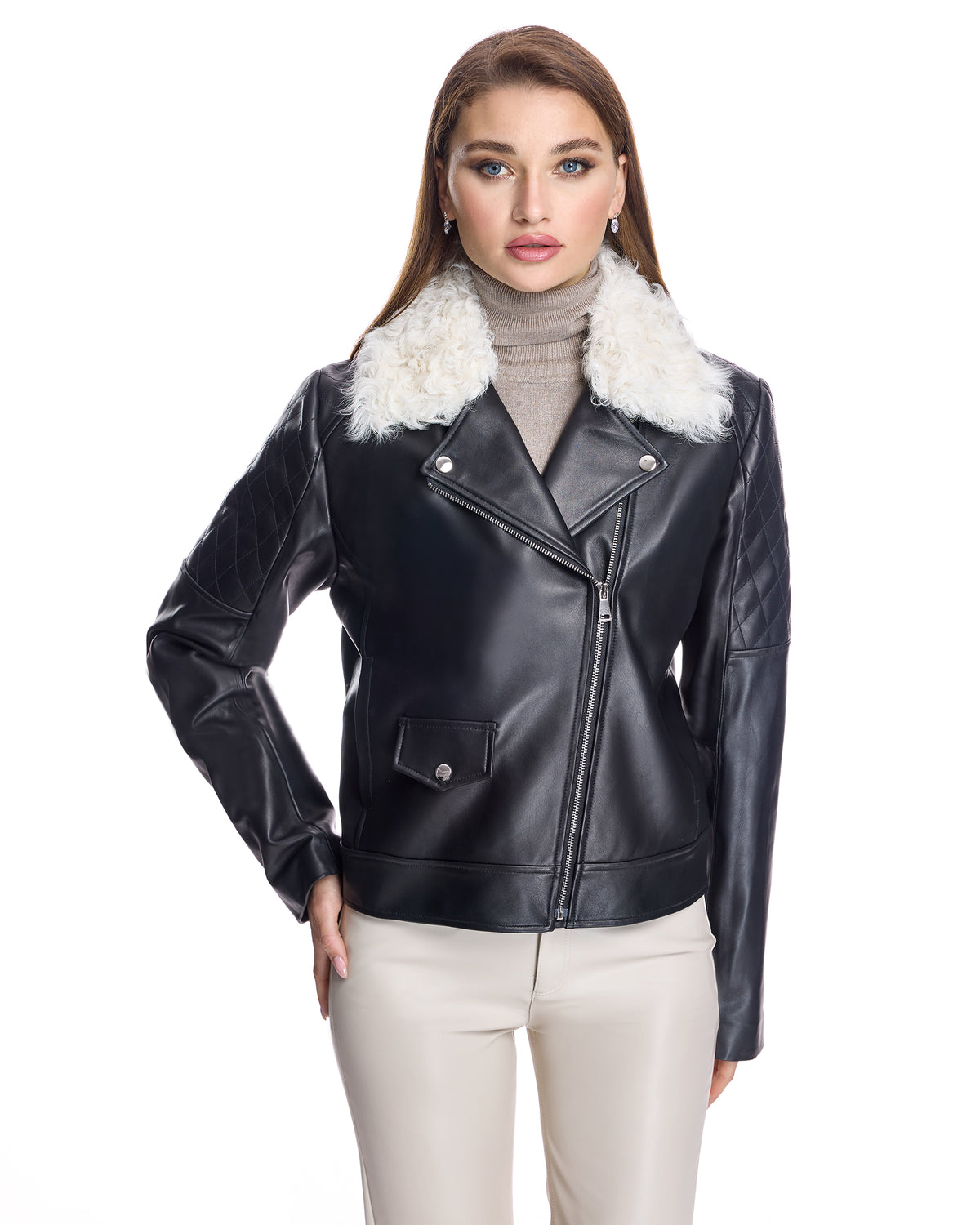 Leather Jacket with Lamb Collar