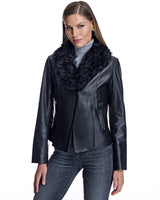 Julia & Stella by Maximilian Leather Jacket with Dyed Curly Lamb Trim -Maximilian