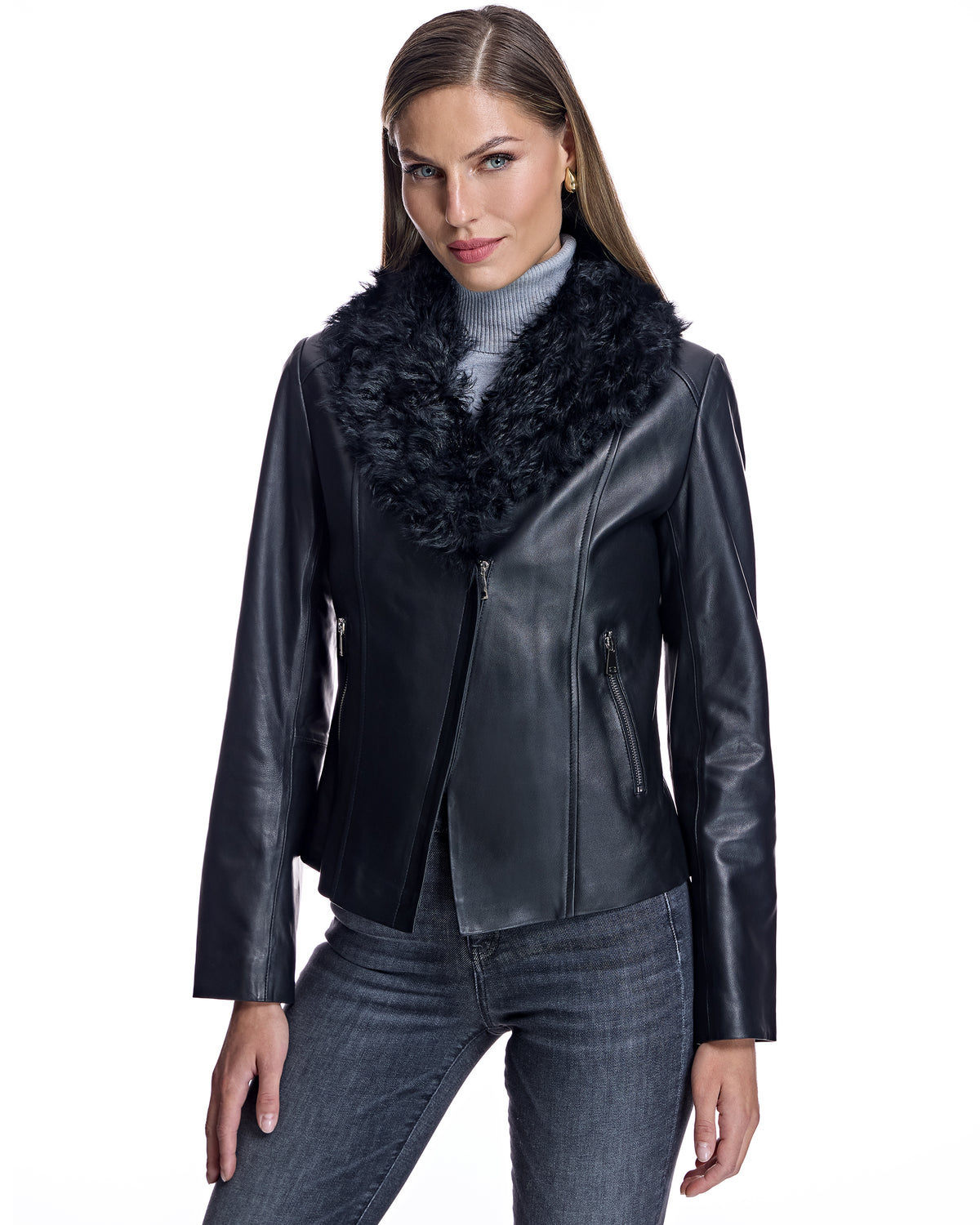 Julia & Stella by Maximilian Leather Jacket with Dyed Curly Lamb Trim -Maximilian