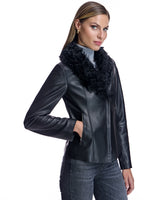 Julia & Stella by Maximilian Leather Jacket with Dyed Curly Lamb Trim -Maximilian