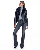 Julia & Stella by Maximilian Leather Jacket with Dyed Curly Lamb Trim -Maximilian
