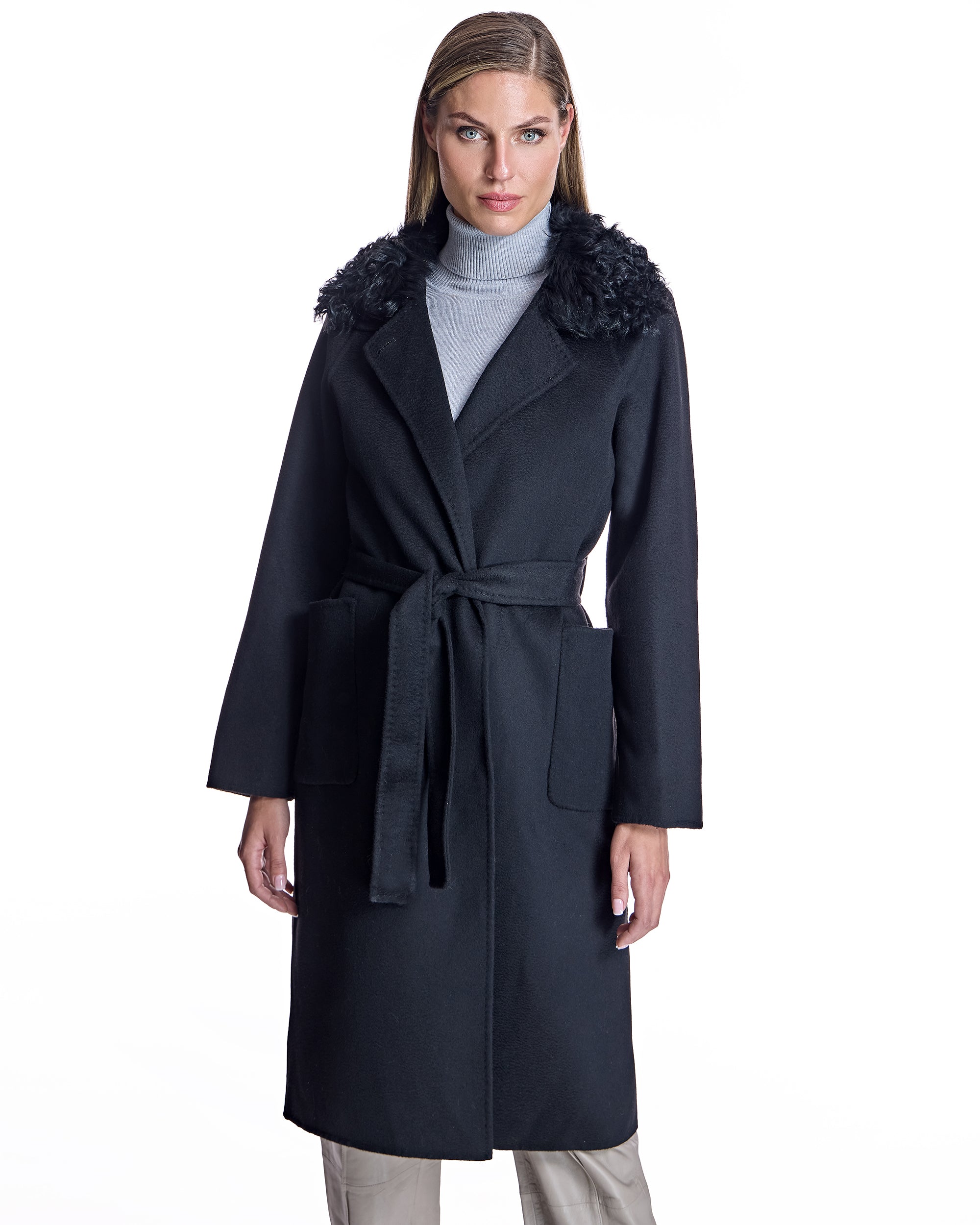 Wool Short Coat with Shearling Collar
