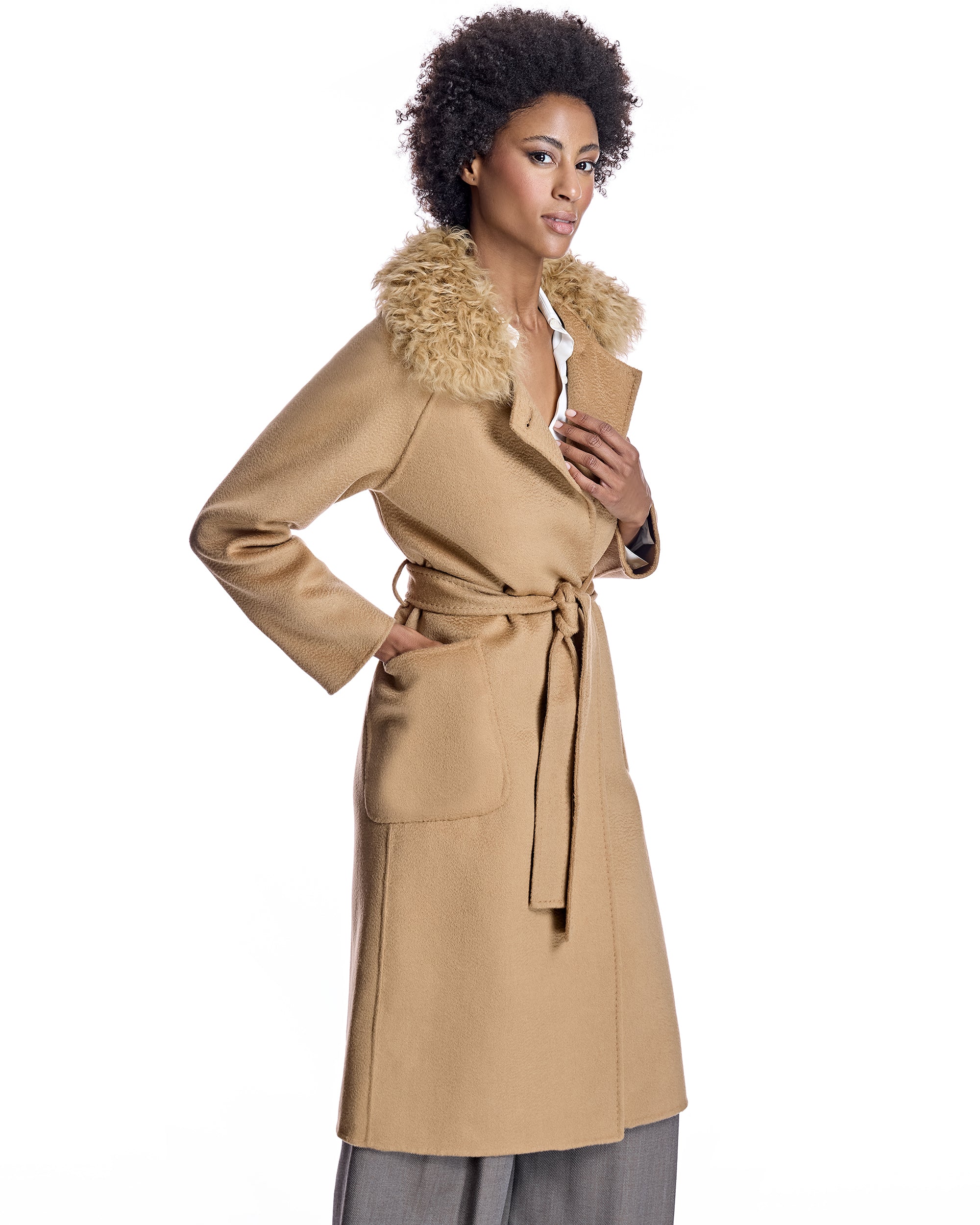 Wool Short Coat with Shearling Collar