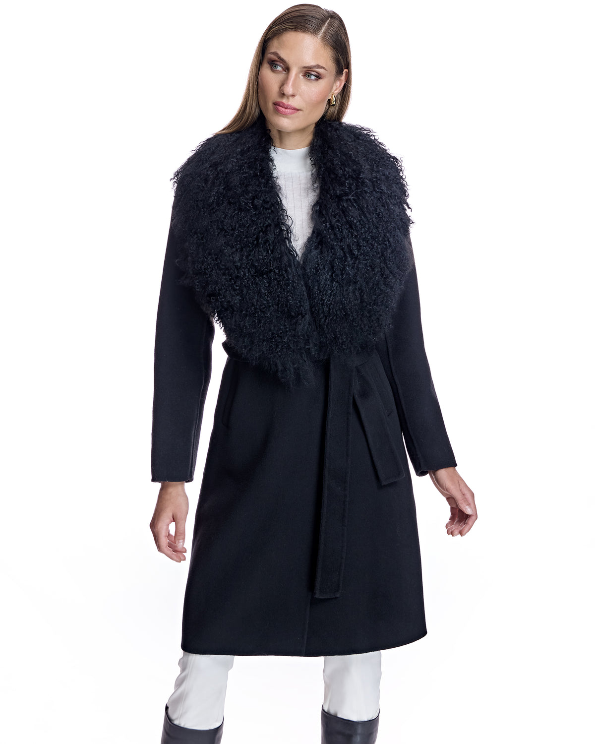 Julia & Stella by Maximilian Wool Wrap Coat With Lamb Collar-Maximilian