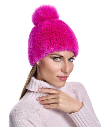 Knitted Mink Hat with Fox Pom Pom