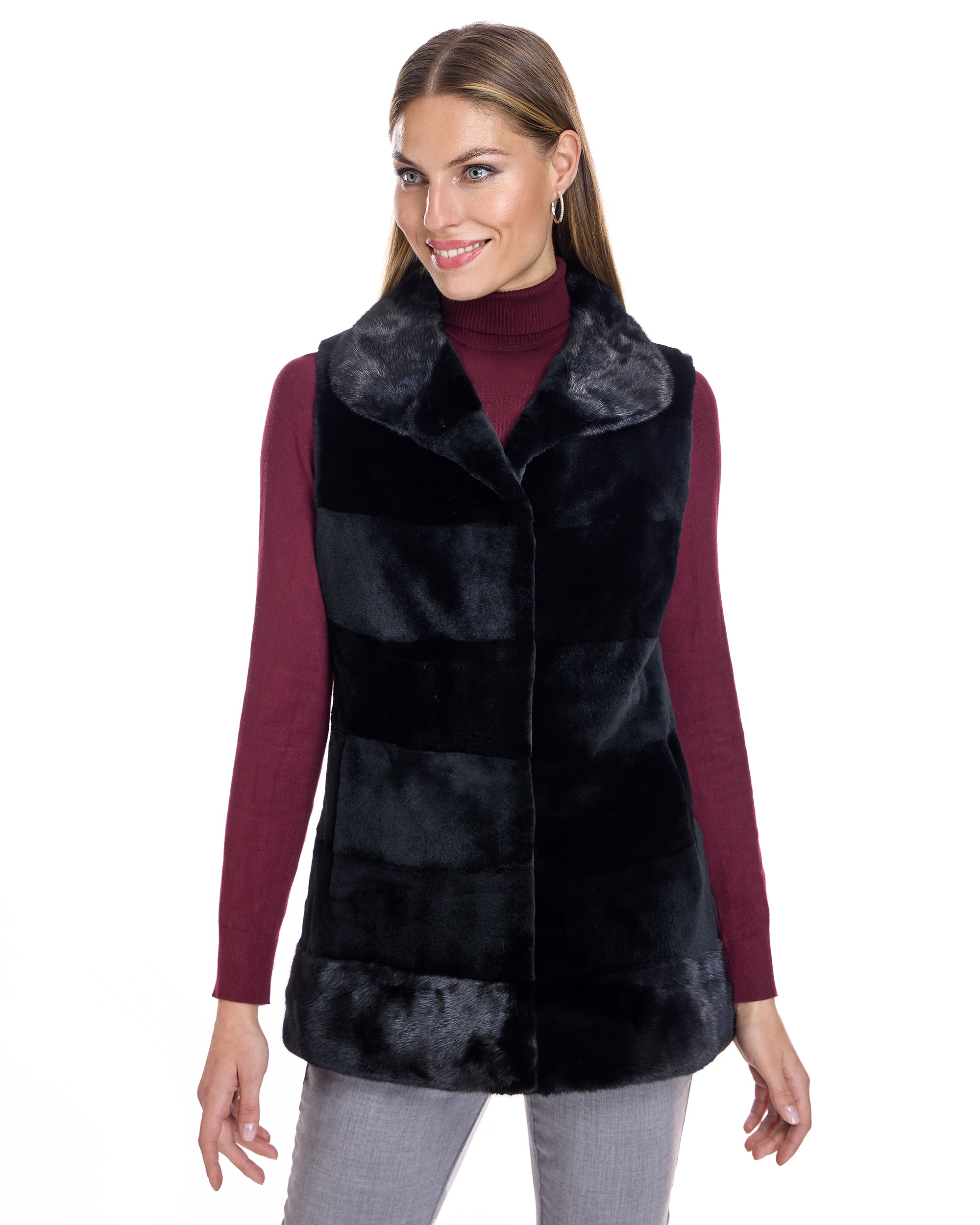 Horizontal Sheared Mink Vest with long hair trim