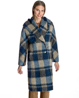 Blue & Beige Plated Wool Blend Hooded Coat – 45” Length